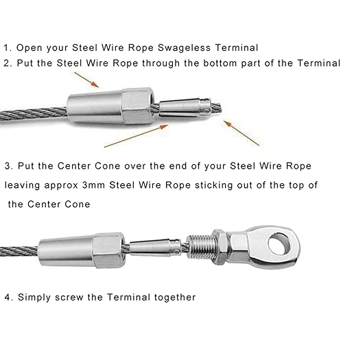 4Pcs 316 Stainless Steel Swageless Eye Terminals, Marine Grade DIY Cable Fitting Kit for Rigging, Balustrade - Poueer