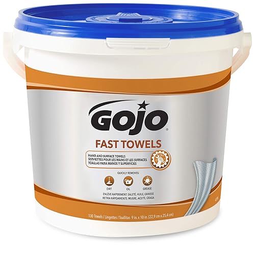 GOJO Fast Towels, Fresh Citrus Scent, 130 Count Multi-Purpose Heavy Duty Textured Wet Towels Bucket (Pack of 1) - 6298-04 - Poueer