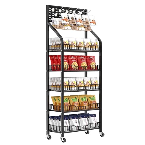 5 Tier Snack Rack Display Stand, Metal Retail Chip Cart with Wheels and 15 Hooks, Candy Potato Display Shelf for Supermarkets Convenience Stores Home Kitchens - Poueer
