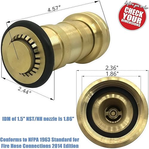 Happy Tree 1-1/2' NST/NH Fire Hose Nozzle 100 psi 85 gpm Brass Fire Equipment Heavy Duty Industrial Jet Fog Spray Nozzle Slim Neck - Poueer