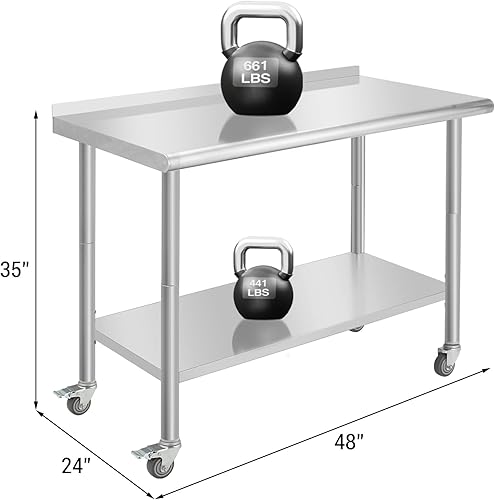 NSF Stainless Steel Table for Prep & Work, 48' x 24' with Adjustable Undershelf, Commercial Heavy Duty Table for Restaurant, Home and Hotel - Poueer