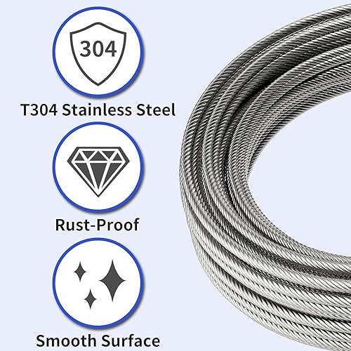 LuckIn 1/4' Stainless Steel Cable, Thickened 1/4 Steel Cable 200ft, 7x19 Strand 1/4 Aircraft Cable for Yard, Zipline Cable, Stainless Cable for Deck Railing, 6400lbs Breaking Strength - Poueer