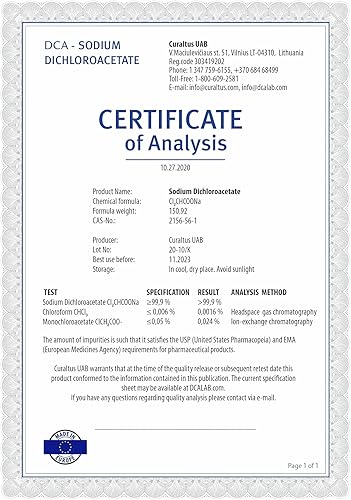 DCA - Sodium Dichloroacetate 333mg - Purity 99.9%, Made in Europe, by DCA-LAB, Certificate of Analysis Included, Tested in a Certified Laboratory, 90 Capsules - Poueer