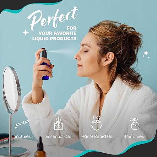 Nevlers 48 Pack Blue 1 Oz Glass Spray Bottle | The Blue Misting Glass Bottles Includes Sprayers, a Funnel & Brush with Bonus Labels to Easily Identify its Contents - Poueer