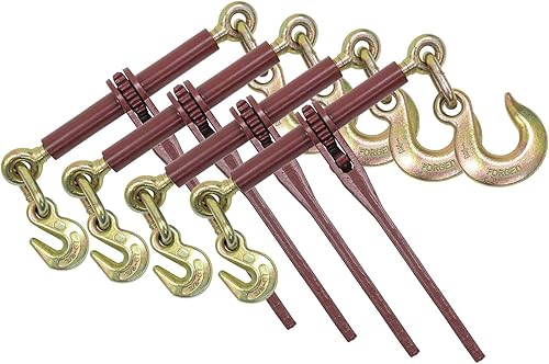 Mytee Products 5/16' - 3/8' Heavy Duty Ratchet Load Chain Binder w/Grab Hook on one Side, 1/2' Slip Hook on Other Side - 6,600 Lbs Working Load Limit (4 Pack) - Poueer