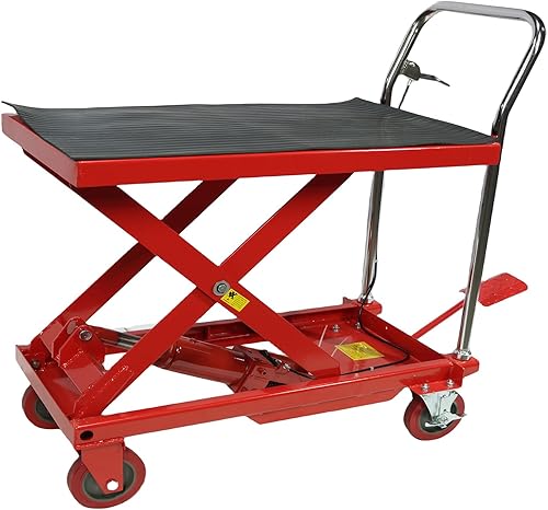 Double Scissor Hydraulic Lift Table Cart 1100lbs Capacity 31' Lifting Height, Lift Table with 4 Wheels and Non-Slip Pad for Material Handling and Transportation, Red - Poueer
