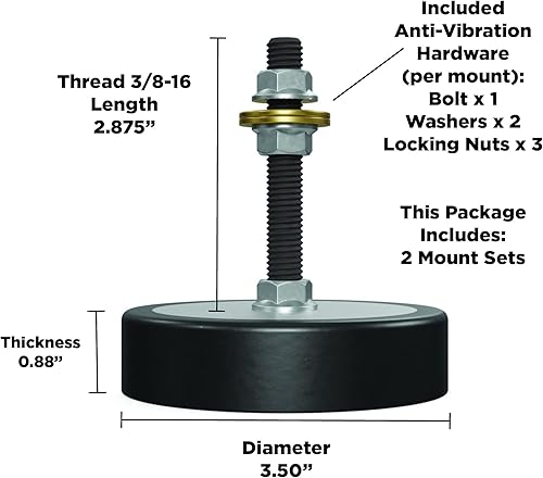 Isolate It!: Sorbothane Anti-Vibration Leveling Mount - 3/8-16 3' Stud - 0.88' (H) - 3.5' (Dia) 70 Duro - 2 Pieces - Poueer