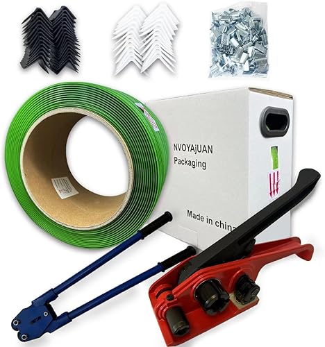 Packaging 5/8”x 0.035'x1000' Polyester (PET) Strapping Kit,1380 Lbs Heavy Duty Pallet Banding Tensioner Tool Sealer Water and Rust Resistance Poly Strapping - Poueer