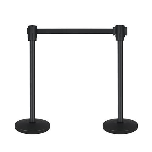 Crowd Control Stanchion Set of 2-Black Stanchions with 16.4ft Retractable Belt,Durable Concrete Metal Base for Stability, Easy Assembly, ldeal CrowdControl Barriers for Events and Venues - Poueer