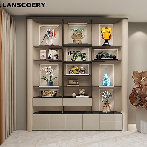 LANSCOERY Acrylic Display Case, Assemble Showcase Display Box for Collectibles, with Dustproof & Seamless Display Design, 15.7x9.8x13.8inch Thick Black Base - Poueer
