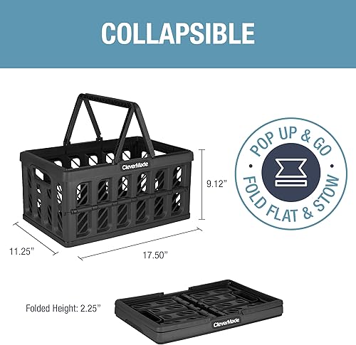 CleverMade Collapsible Shopping Basket, Ocean, 3PK - 24L (6 Gal) Reusable Plastic Grocery Shopping Baskets, Holds 25lbs Per Basket - Small Foldable Storage Crates with Handles - Poueer