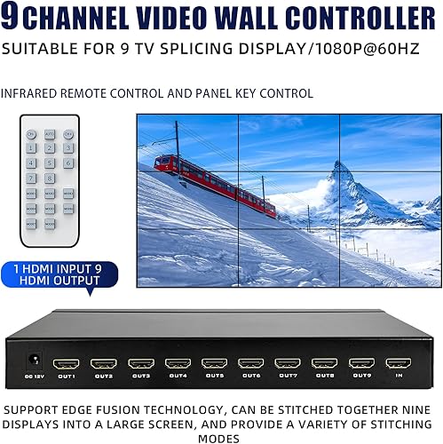 4K ICUIXIAN 9-Channel Video Wall Controller 3x3 1920P@60Hz Video Wall Processor 1HDMI Input/9HDMI Output for 9 TV Splicing, 3x3, 2x4, 2x3,3x2 2x2,1x9,x1x8,1x6 Mode - Poueer
