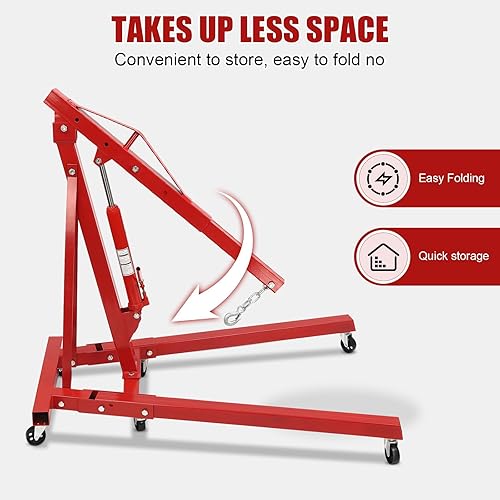 Engine Hoist with Lever, 2 Ton 4409lb Heavy Duty Folding Shop Crane with 6 Casters Cherry Picker Shop Crane Hoist Lift, Engine Lift Lever for Engine Lift Loading(Sent in 2 packages, red) - Poueer
