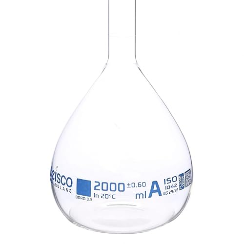 Eisco Volumetric Flask, 2000mL - Class A - Borosilicate Glass, Polyethylene Stopper, 29/32 Socket - QR Code Marking for Calibration Certificate - Poueer