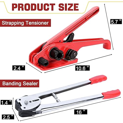 MYFAMIREA Heavy Duty Banding Strapping Kit with Tensioner Tool, 1/2' x 3500FT Polypropylene Plastic Packaging Strapping, 300 Metal Seals, Sealer Tool for Pallets, Logistics, Warehouse (Red) - Poueer