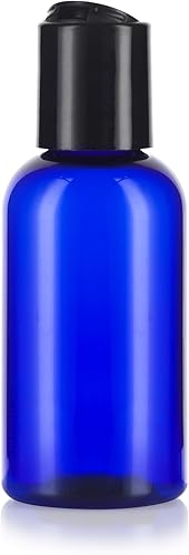JUVITUS Cobalt Blue 2 oz Boston Round PET Bottles (BPA Free) with Black Disc Cap Dispenser (24 Pack) - Poueer