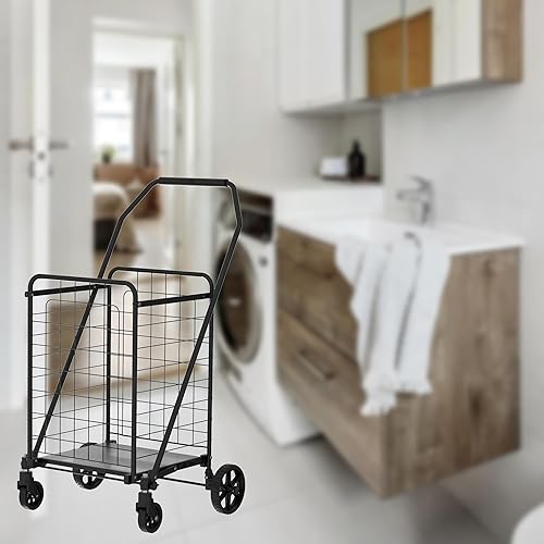 Shopping Cart with Shelf,Grocery Cart on Wheels, Foldable Utility Shopping Carts with Double Basket and 360° Rolling Swivel Wheels for Groceries Laundry - Poueer