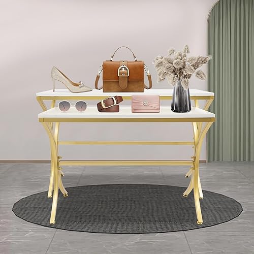 Retail Display Table, Metal Shoe Handbag Display Stand, Nesting Tables 2 Piece Set, Display Riser Shelf for Retail Stores Clothing Studios Home - Gold - Poueer
