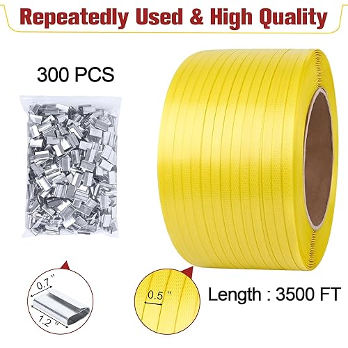 MYFAMIREA Heavy Duty Banding Strapping Kit with Tensioner Tool, 1/2' x 3500FT Polypropylene Plastic Packaging Strapping, 300 Metal Seals, Sealer Tool for Pallets, Logistics, Warehouse (Red) - Poueer
