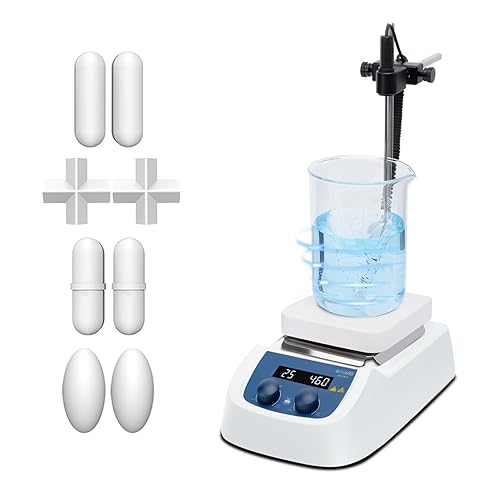 ONiLAB 280℃ 5 inch LED Digital Square Hotplate Magnetic Stirrer with Ceramic Coated Stainless Steel Work Plate, 200-1500rpm,110V,Temp Probe Sensor and 9PCS Stirring Bars Included - Poueer