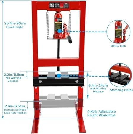 6 Ton Hydraulic Press, H-Frame Garage Floor Adjustable Shop Press with Built-in Relief Valve Pressure Gauge, Hydraulic Shop Press to Bend Straighten Press Parts Install Bearings U-Joints, Red - Poueer