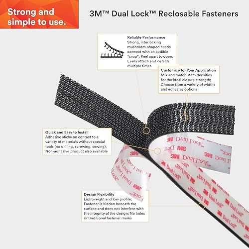3M Dual Lock Reclosable Fasteners Heavy Duty Industrial Use Black TB3550 1' x 10 ft Mated Strip Indoor/Outdoor Use Great for Metal, Glass, Acrylic, PC, ABS - Poueer