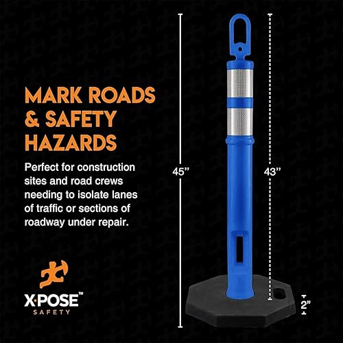 Xpose Safety 45' Blue Delineator Posts with Base, 3-Pack – Ring Top, 10' Reflective Band, 13 lb Rubber Base – Traffic, Parking, Construction, Events - Poueer