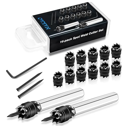 Spot Weld Cutter Set Double Sided,3/8' HSS Spot Weld Cutter Remover Drill Bits Hex Sheet Metal Hole Cutter Remover Kit for Power Drill Spot Welding, by NAKAO (16 Pcs) - Poueer