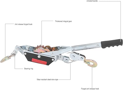 Power Cable Puller Rope Puller 2T with 2 Hooks Steel Cable, Gear Power Ratchet Automotive Hoist Cable Puller Construction Site Winch Power Puller Solid A3 Steel - Poueer