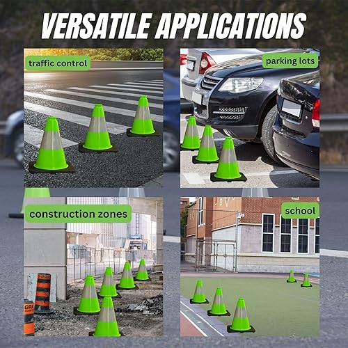 6 Pack 36'' Green PVC Traffic Cones Road Construction Cones with Black Base and Reflective Stripes Safety Cones for Parking Lots Driveways Construction Areas and Traffic Control - Poueer