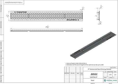 Vodaland - 4 inch Trench Drain Steel Grate Package - 6.2' Depth - PC8000 - Poueer