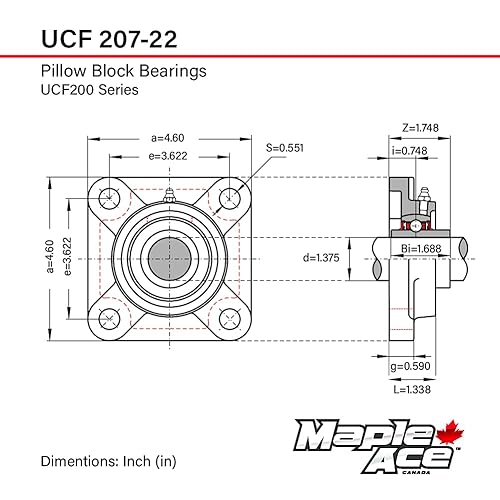 MAPLE ACE UCF207-22 Square Flange Bearing 1-3/8' Bore, 4-Bolt Self-Aligning, Solid Base, Heavy Duty (Qty 2) - Poueer