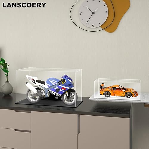 LANSCOERY Acrylic Display Case, Assemble Showcase Display Box for Collectibles, with Dustproof & Seamless Display Design, 15.7x9.8x13.8inch Thick Black Base - Poueer