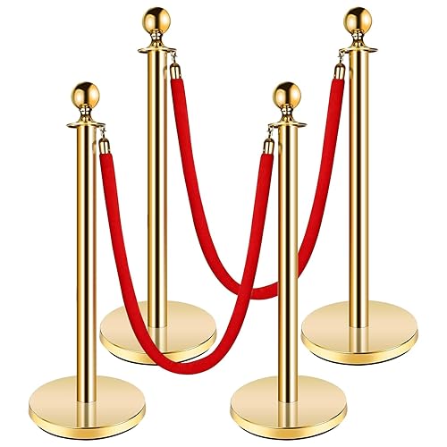 Stanchion Post with Velvet Rope, VIP Stanchion Queue Pole Barrier Posts, Red Carpet Stanchion Set, Gold 10-Pack - Poueer