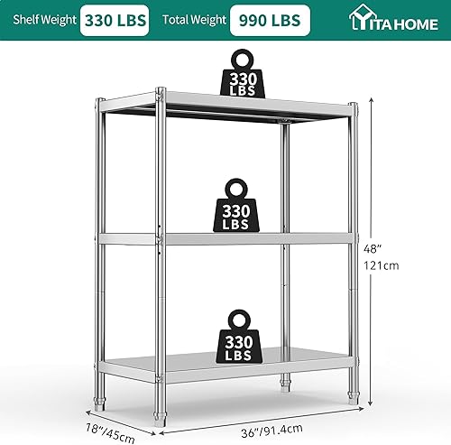 YITAHOME Stainless Steel Shelves Unit 36x18x48in Adjustable Storage Standing Shelf, NSF Heavy Duty Shelving 3 Tier for Kitchen Garage Office Restaurant Warehouse - Poueer