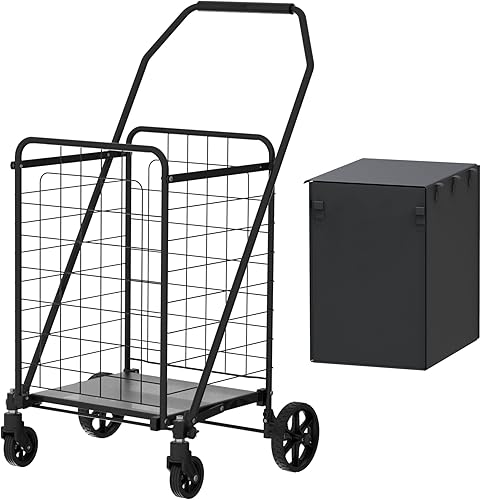 Shopping Cart with Shelf,Grocery Cart on Wheels, Foldable Utility Shopping Carts with Double Basket and 360° Rolling Swivel Wheels for Groceries Laundry - Poueer
