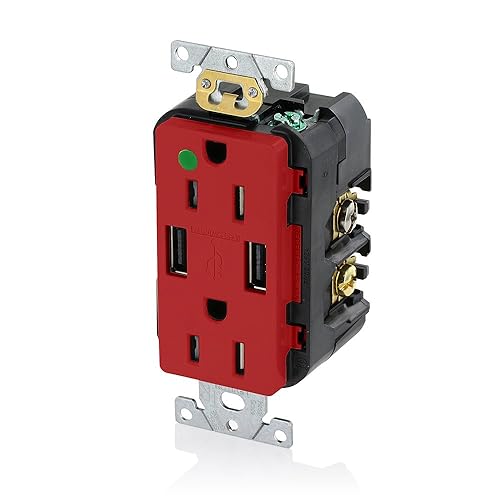 Leviton T5632-HGR 15-Amp Hospital Grade USB Charger/Tamper-Resistant Duplex Receptacle, Red - Poueer