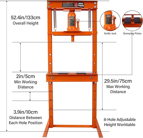 6 Ton Hydraulic Press, H-Frame Garage Floor Adjustable Shop Press with Built-in Relief Valve Pressure Gauge, Hydraulic Shop Press to Bend Straighten Press Parts Install Bearings U-Joints, Red - Poueer
