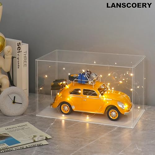 LANSCOERY Acrylic Display Case, Assemble Showcase Display Box for Collectibles, with Dustproof & Seamless Display Design, 15.7x9.8x13.8inch Thick Black Base - Poueer