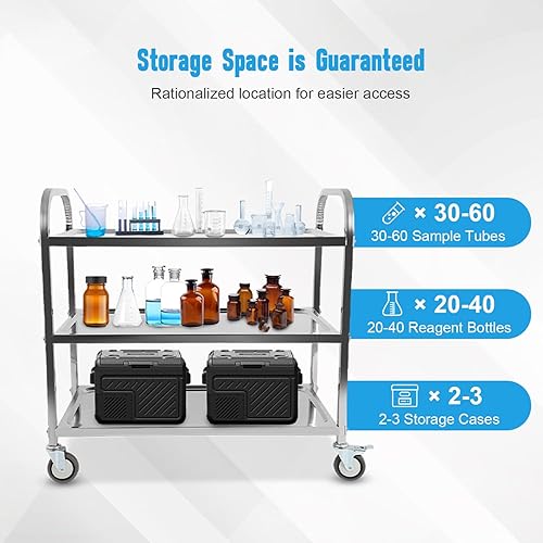 FAHKNS Stainless Steel Cart, 37.2' L X 19.2' W X 36.4' H 3 Layers Stainless Steel with Wheels, 330 LBS Weight Capacity, Rolling Cart with Lockable Universal Wheels, for Kitchen, Lab, Clinic, Salon - Poueer