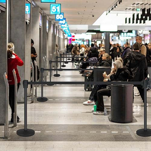 Crowd Control Stanchion Set of 2-Black Stanchions with 16.4ft Retractable Belt,Durable Concrete Metal Base for Stability, Easy Assembly, ldeal CrowdControl Barriers for Events and Venues - Poueer